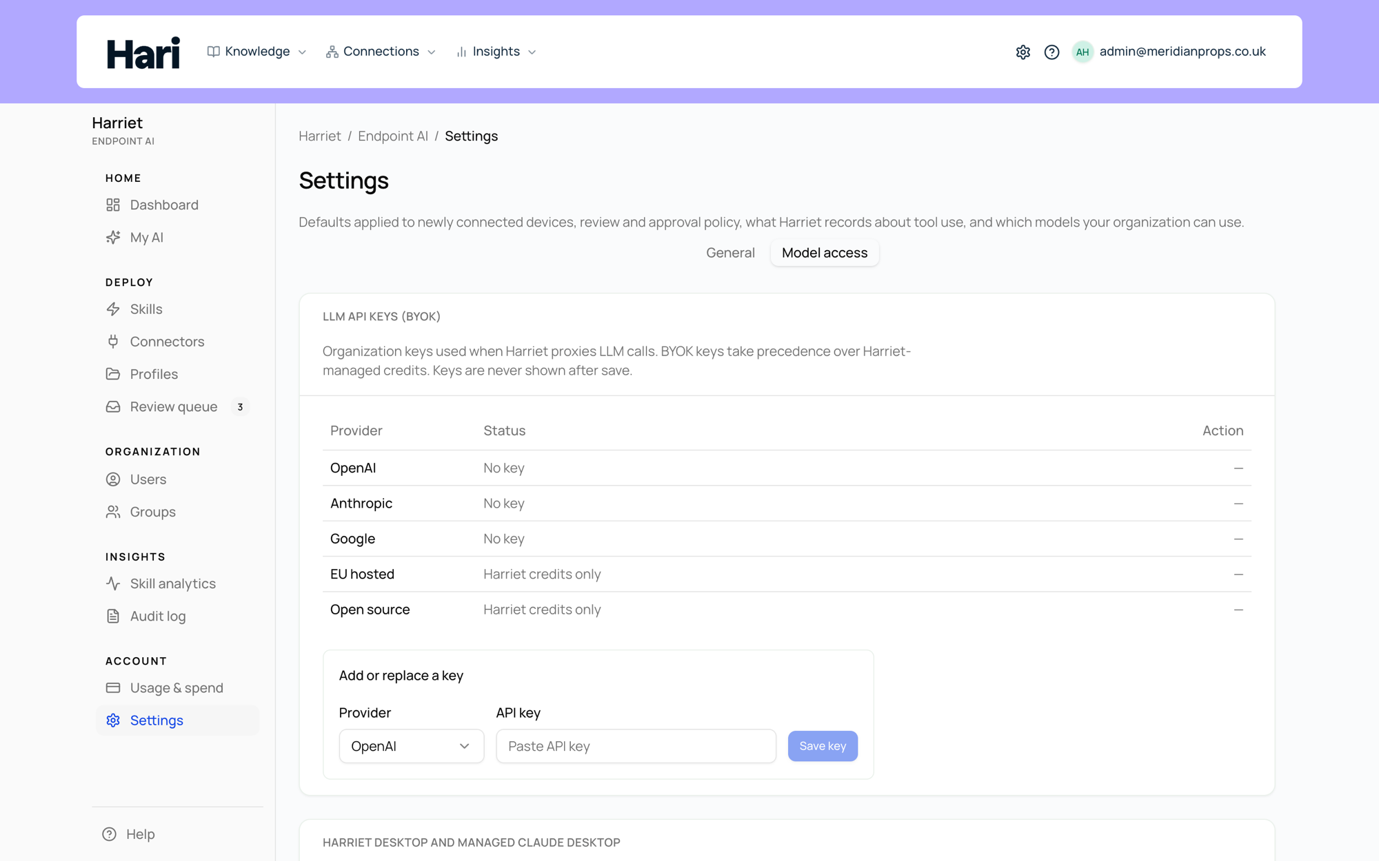 Model access settings showing the EU hosted provider row